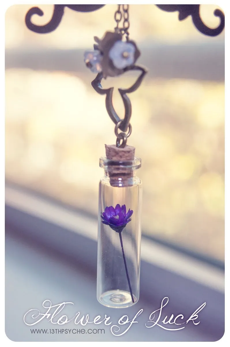 Tiny dried daisy flower bottle pendant necklace