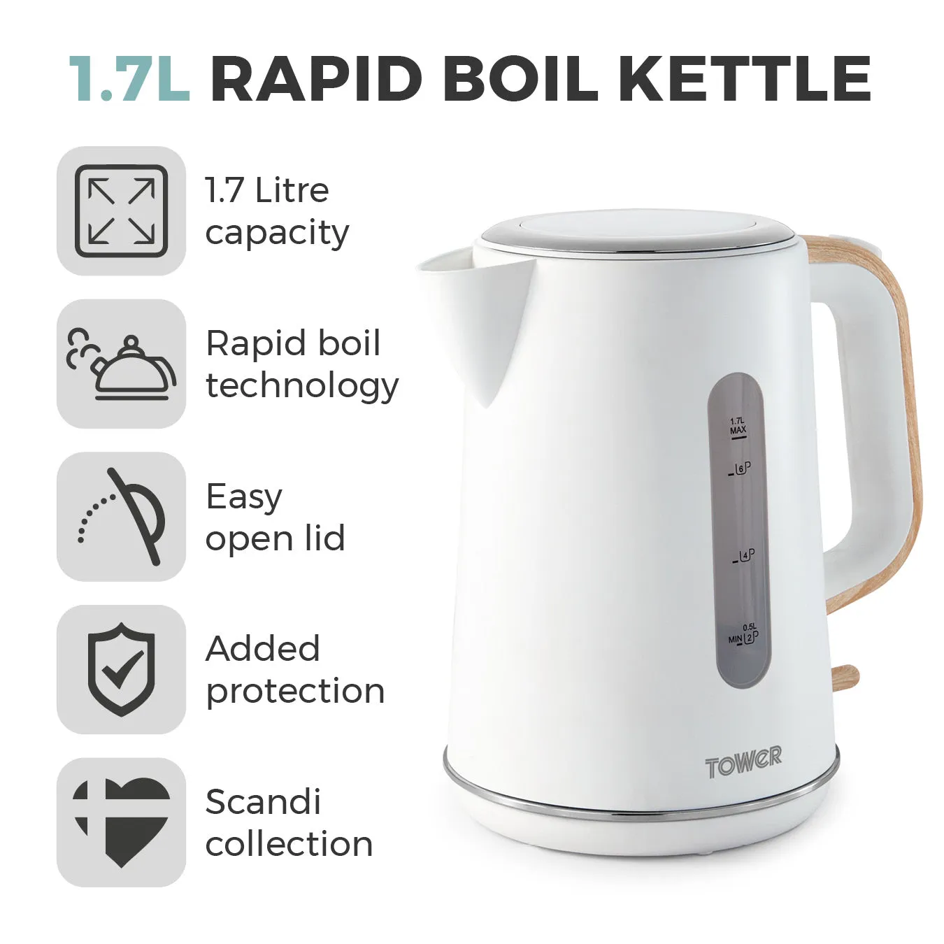 Tower Scandi 3KW 1.7L Rapid Boil Kettle - White