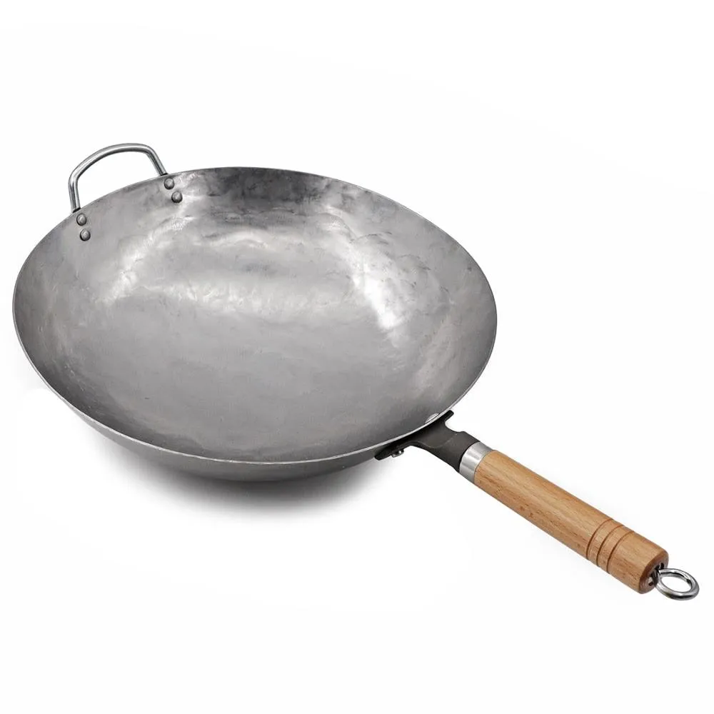 Traditional Hand Hammered Pow Wok with Wooden and Steel Helper Handle