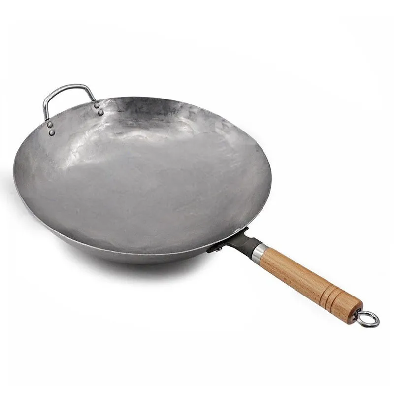 Traditional Hand Hammered Pow Wok with Wooden and Steel Helper Handle