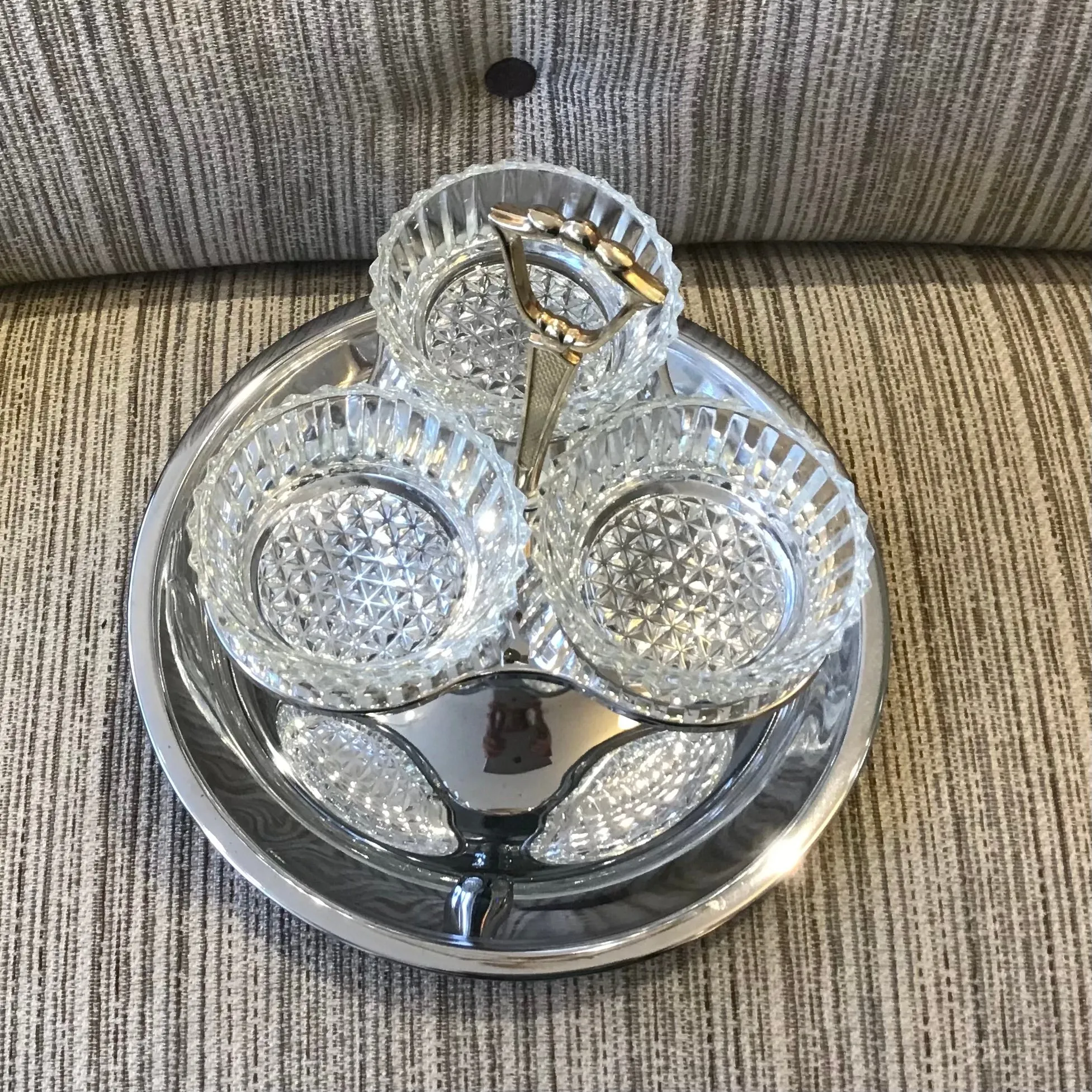 Vintage Chrome & Pressed Glass Snack Tray