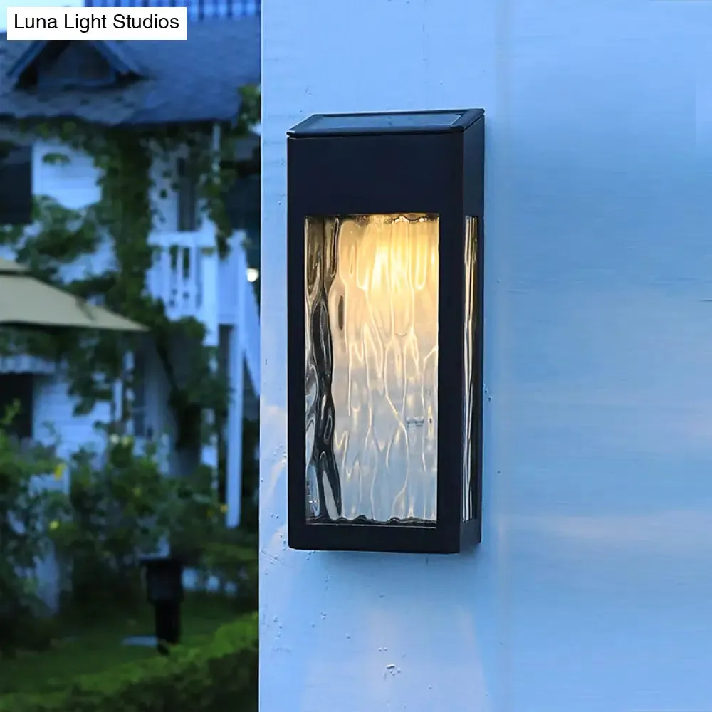 Vintage Rectangular Glass Solar Wall Light with Ripple Design - Outdoor LED Lamp in Black