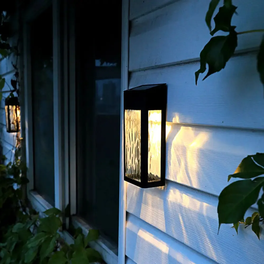 Vintage Rectangular Glass Solar Wall Light with Ripple Design - Outdoor LED Lamp in Black