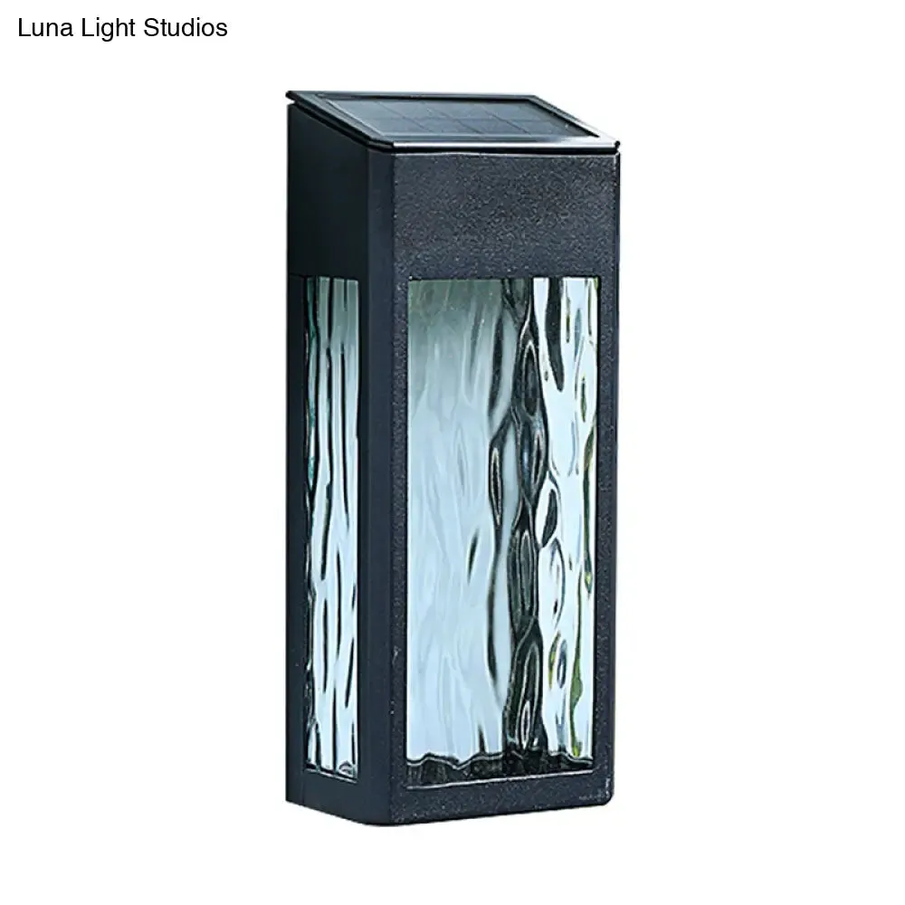 Vintage Rectangular Glass Solar Wall Light with Ripple Design - Outdoor LED Lamp in Black