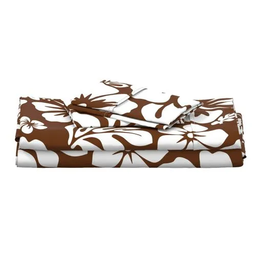 White Hawaiian Flowers on Chocolate Brown Sheet Set from Surfer Bedding™️ Medium Scale