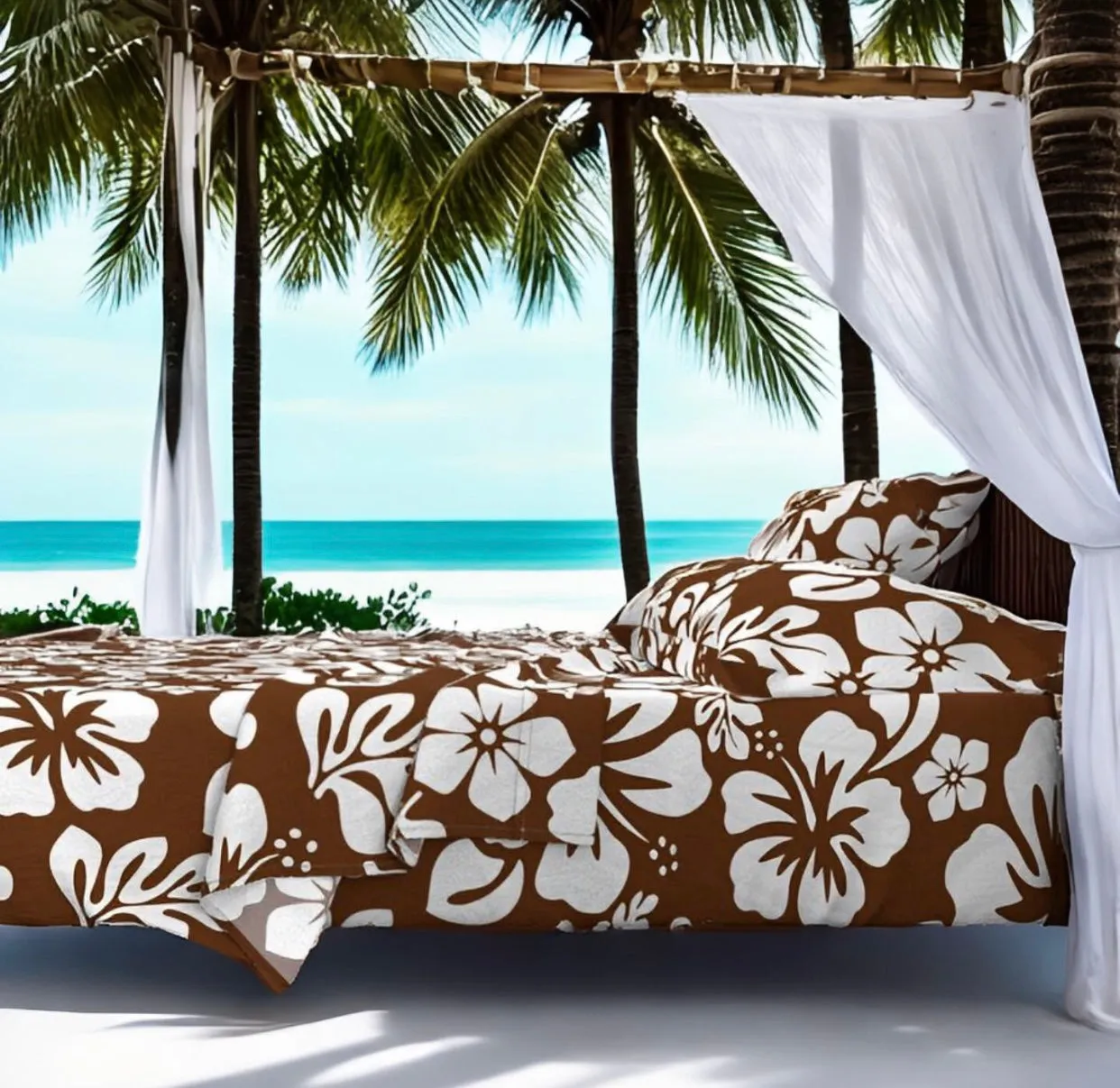 White Hawaiian Flowers on Chocolate Brown Sheet Set from Surfer Bedding™️ Medium Scale