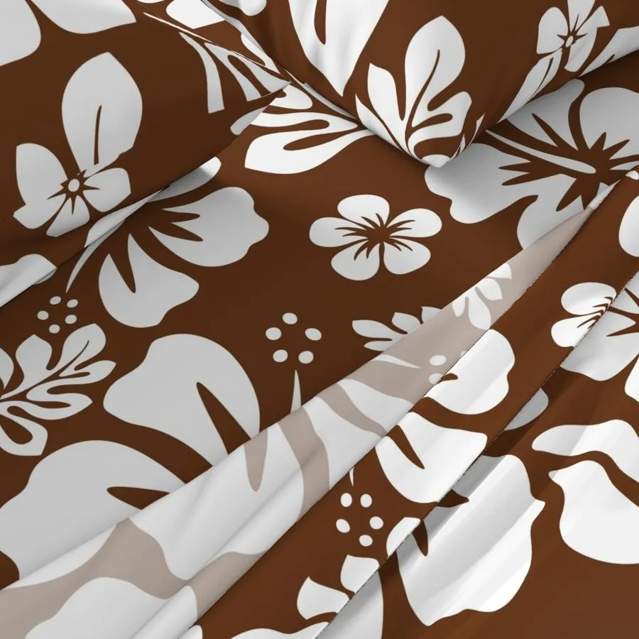 White Hawaiian Flowers on Chocolate Brown Sheet Set from Surfer Bedding™️ Medium Scale