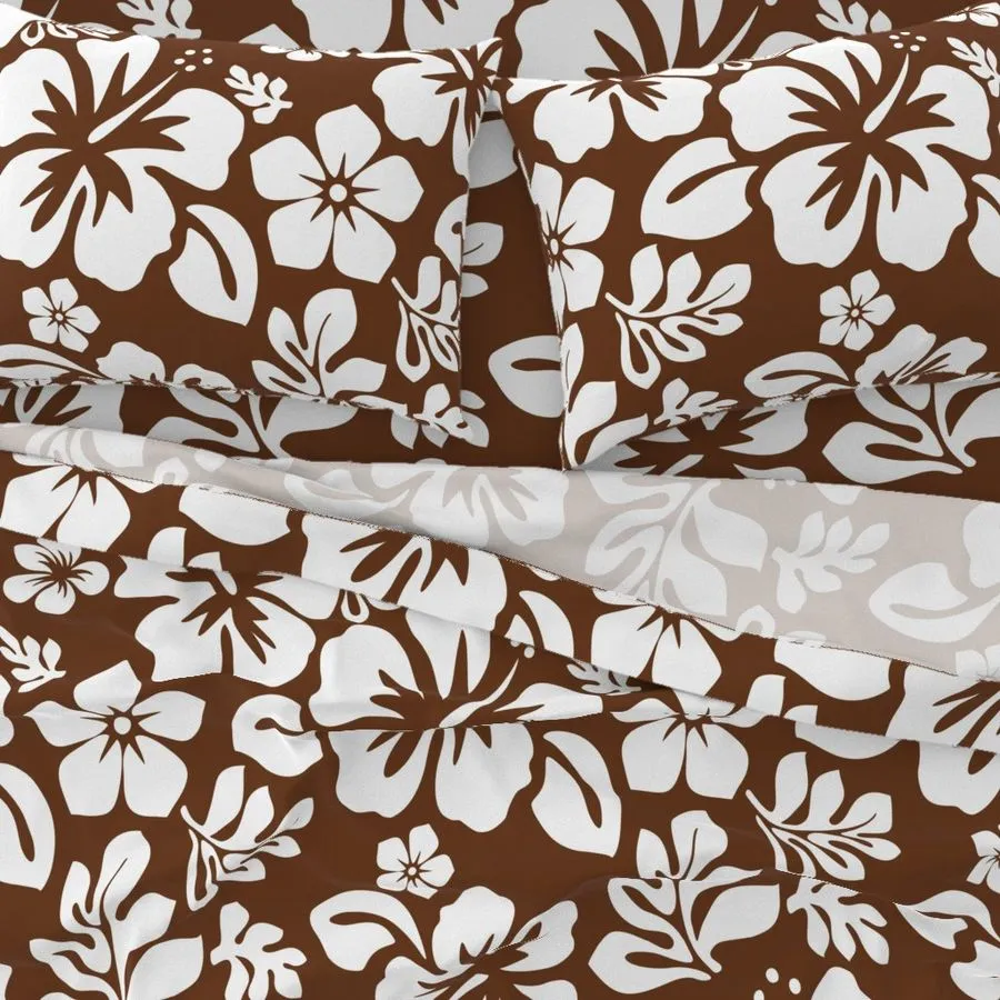 White Hawaiian Flowers on Chocolate Brown Sheet Set from Surfer Bedding™️ Medium Scale