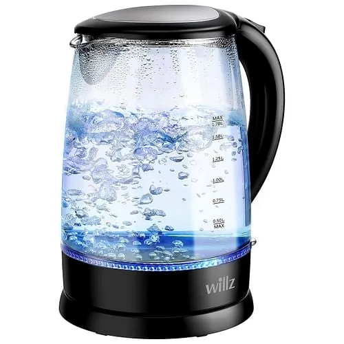 Willz 1.7 Liter 1500 Watt Electric Glass Tea Kettle in Black with Auto