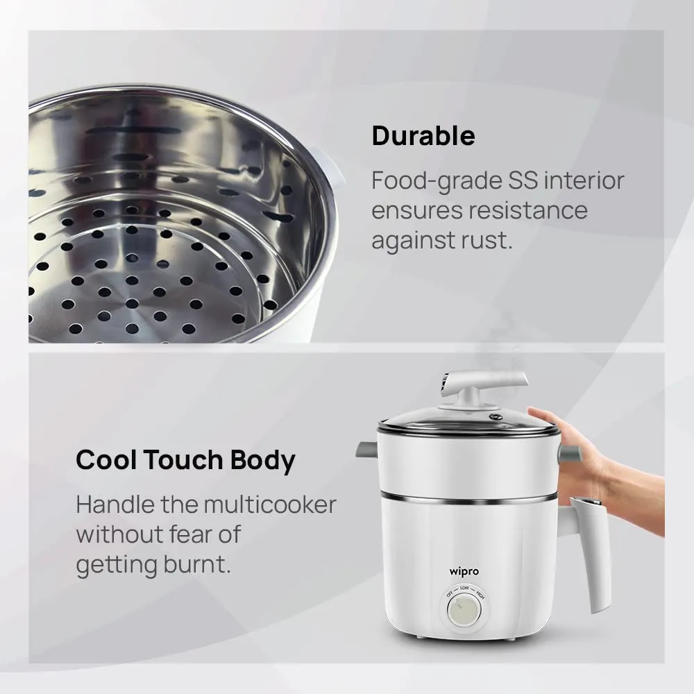 Wipro Vesta 1.2 l Outer Lid Multicooker Kettle | Concurrent Cooking |Cool Touch body | Dual Temperature Control |Triple Protection |SS 304 Rust free (White, 600 Watt, Plastic)