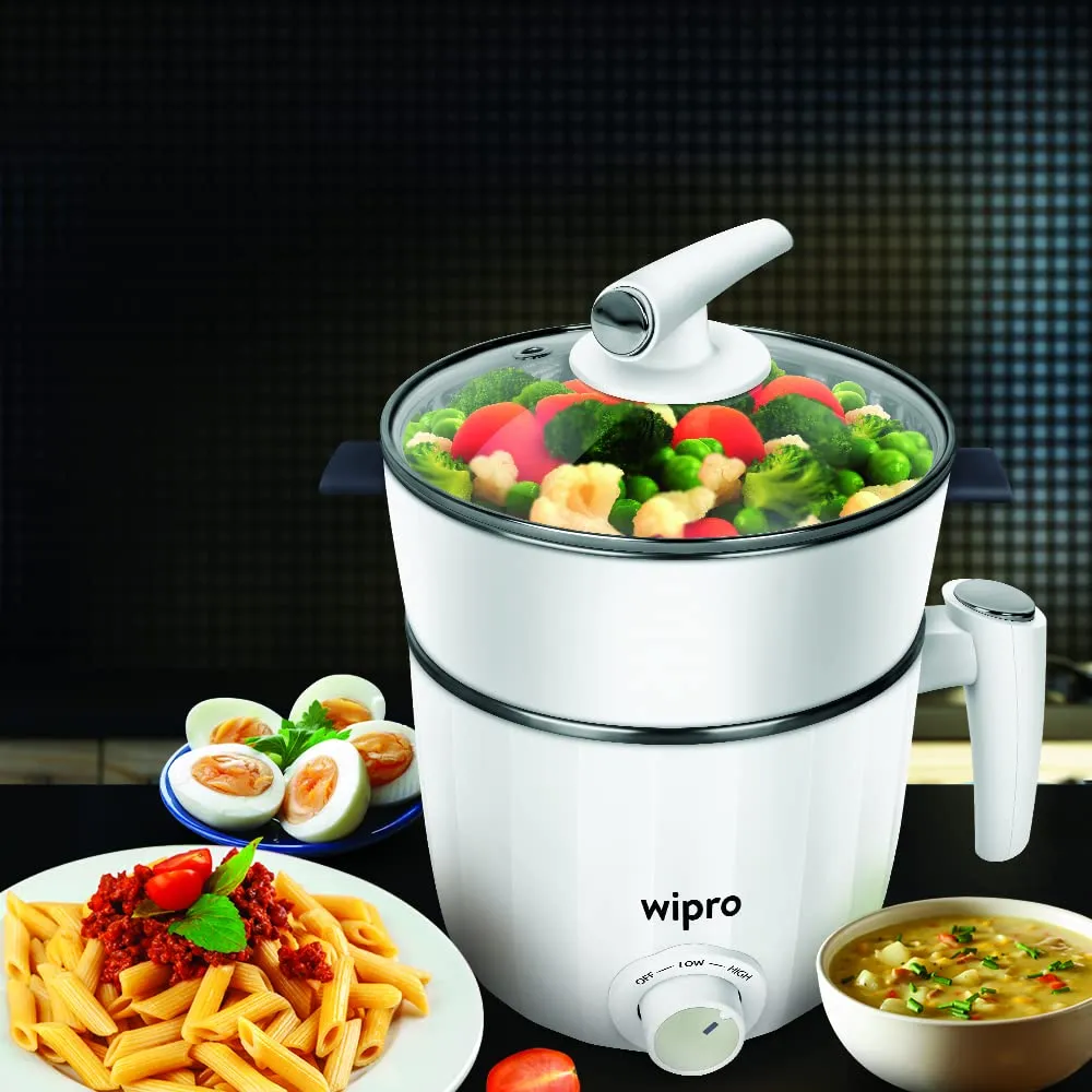 Wipro Vesta 1.2 l Outer Lid Multicooker Kettle | Concurrent Cooking |Cool Touch body | Dual Temperature Control |Triple Protection |SS 304 Rust free (White, 600 Watt, Plastic)