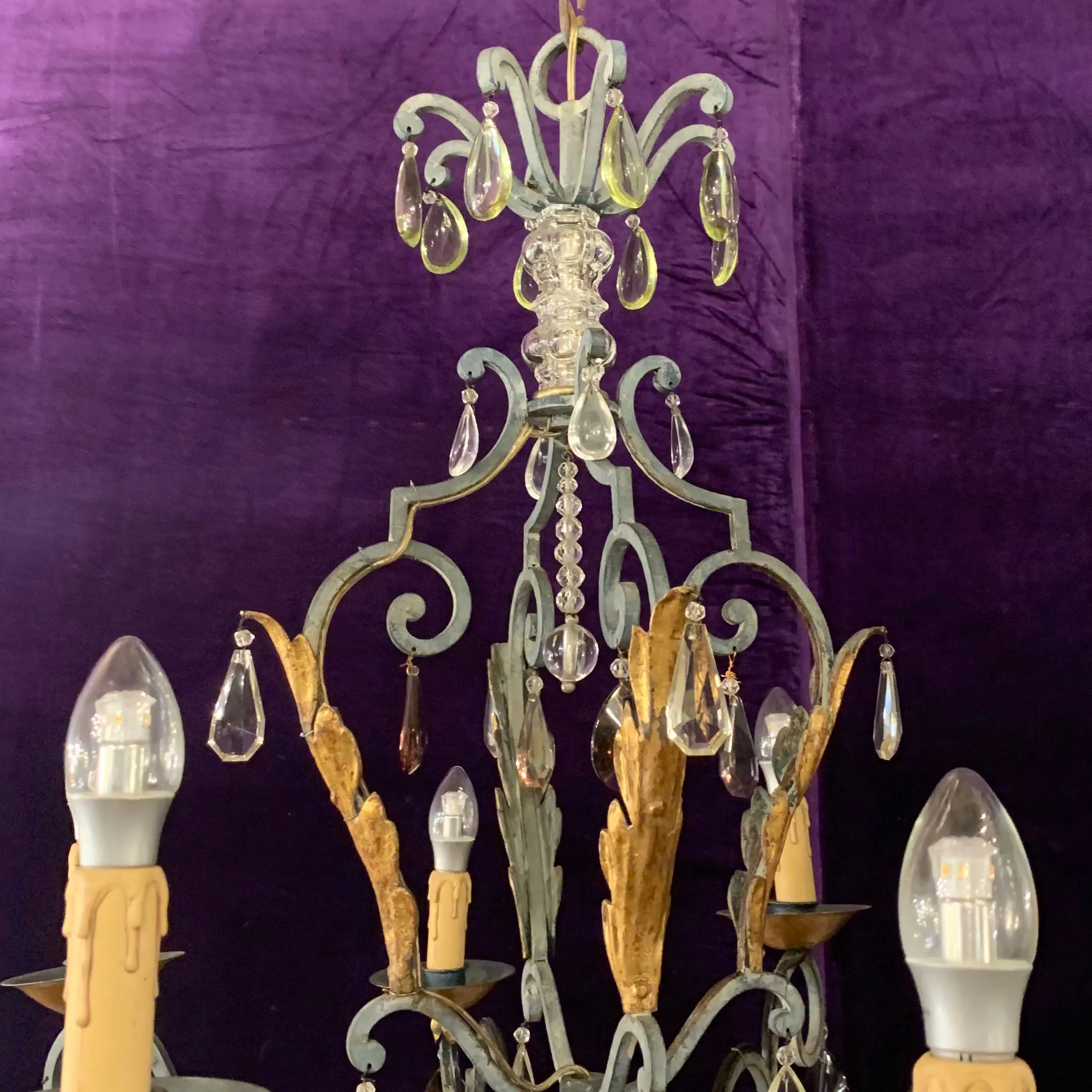 Wrought Iron Chandelier with Gold Leaf detail and Purple Crystals