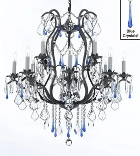 Wrought Iron Crystal Chandelier Lighting Chandeliers Dressed With Blue Crystals Dining Room Entryway Living Room H30" X W28" - A83-3037/8 4Blue