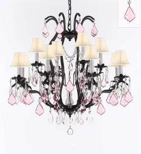 Wrought Iron Crystal Chandelier Lighting Chandeliers H30" x W28" Dressed with Swarovski Crystals & with Pink Crystals and White Shades! Great for Bedroom, Kitchen, Dining Room, Living Room, and more! - F83-B110/WHITESHADES/3034/8 4SW